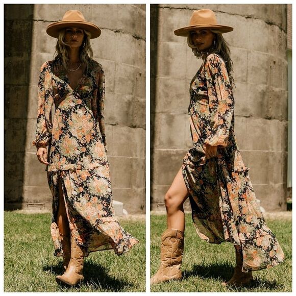 Baltic Born Dresses & Skirts - Baltic Born Bowman Navy Floral Deep V Long Sleeve Maxi Dress